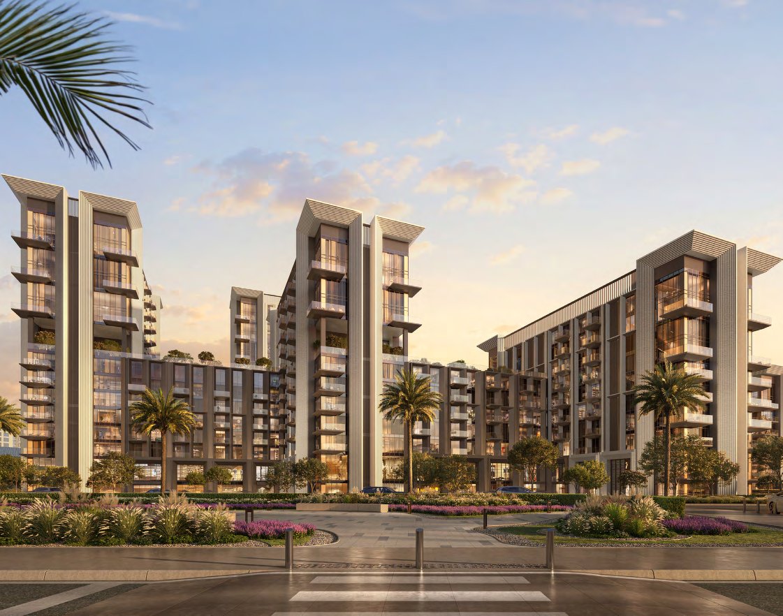 Sei Saadiyat towers with balconies and planted frontage under a soft evening sky