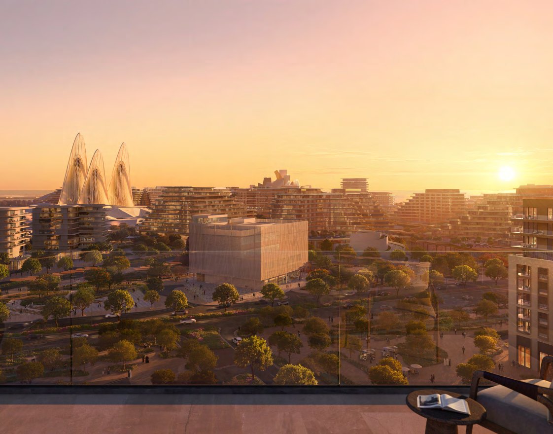 Sunset view over Saadiyat Cultural District's tree-lined streets and museums