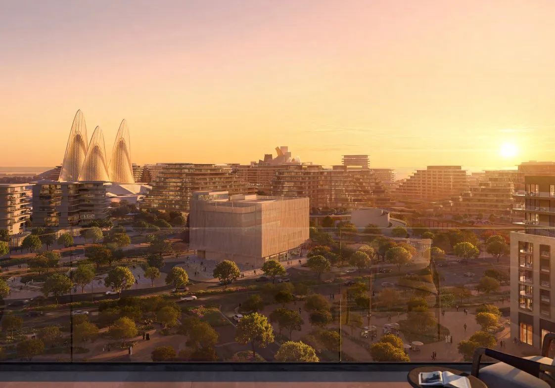 Sunset view over Saadiyat Cultural District's tree-lined streets and museums