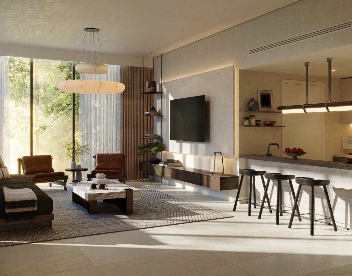 Apartment living area with open kitchen bar and tall windows onto trees