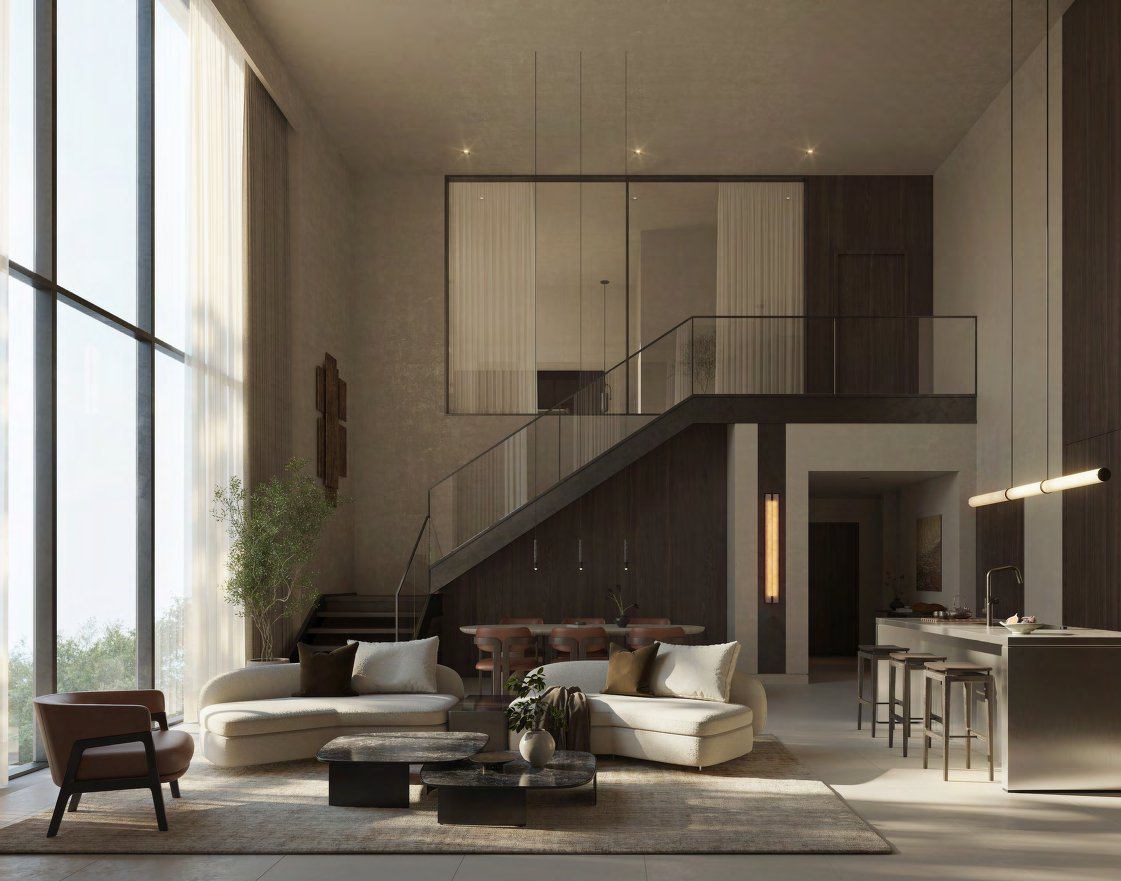 Double-height Kanso Loft living room with staircase, glazed mezzanine and kitchen