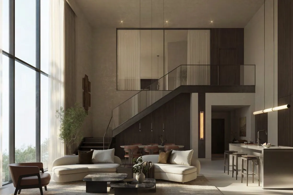 Double-height Kanso Loft living room with staircase, glazed mezzanine and kitchen