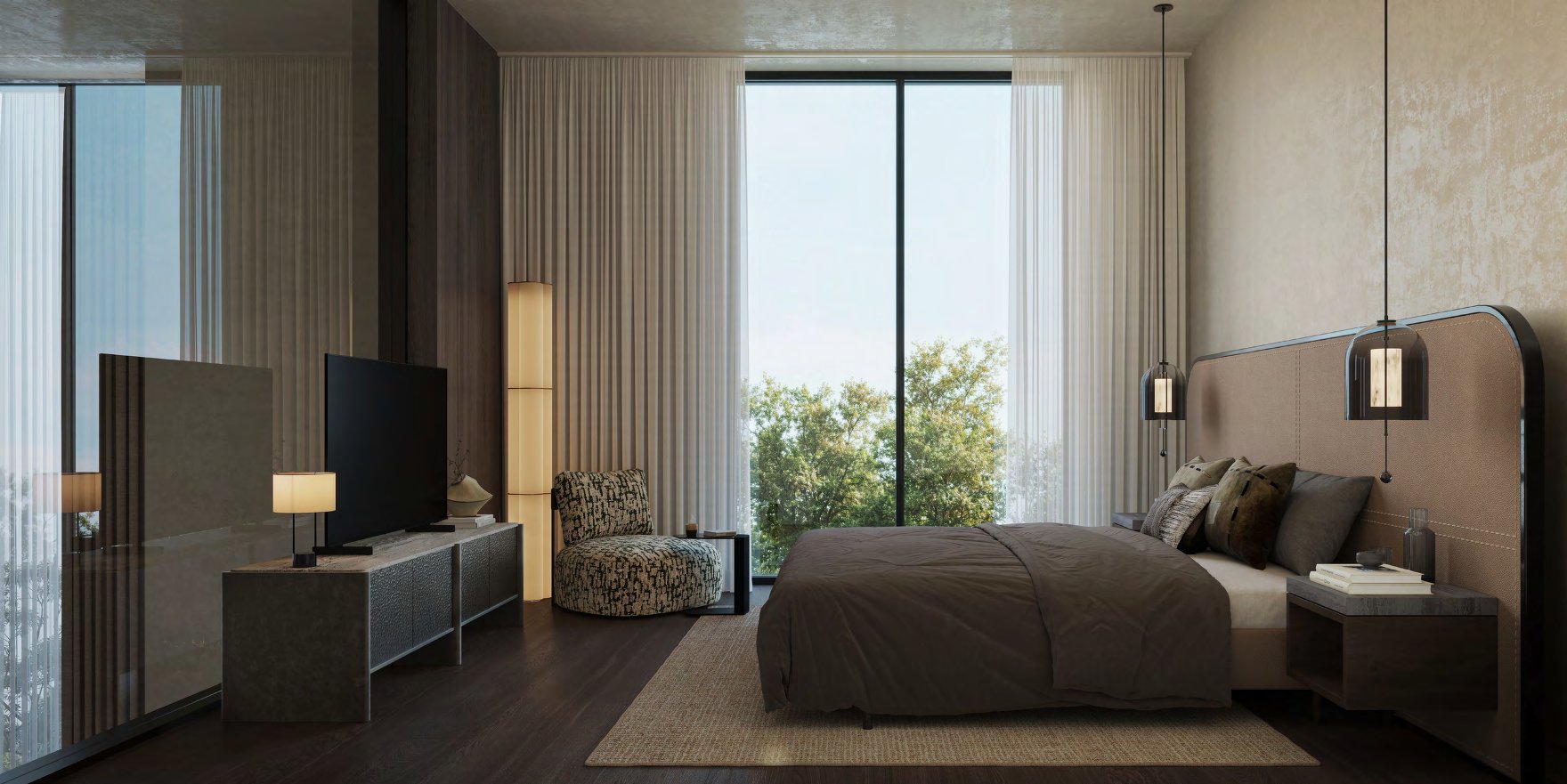 Kanso Loft bedroom with dark wood floor and full-height window onto trees