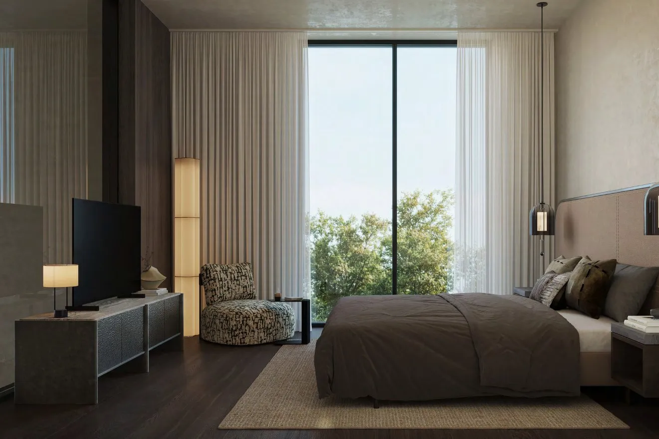 Kanso Loft bedroom with dark wood floor and full-height window onto trees
