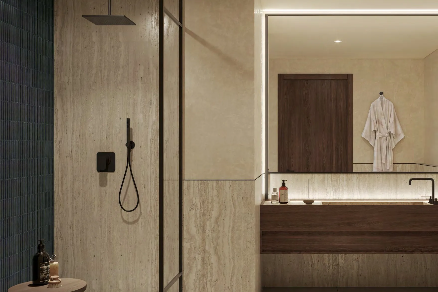 Kanso Loft kitchen with stainless steel island, stools and dark timber cabinets