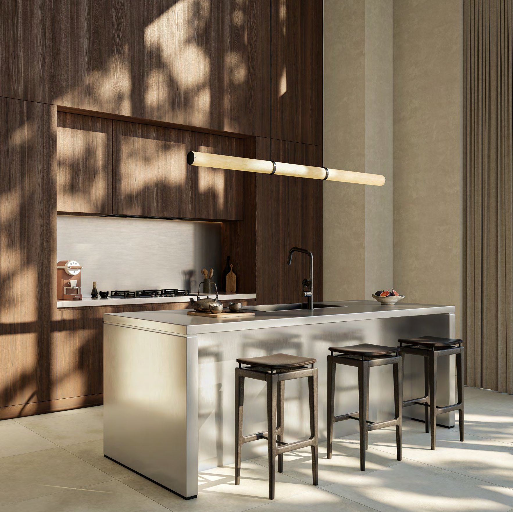 Kanso Loft bathroom with rain shower, stone walls and timber vanity